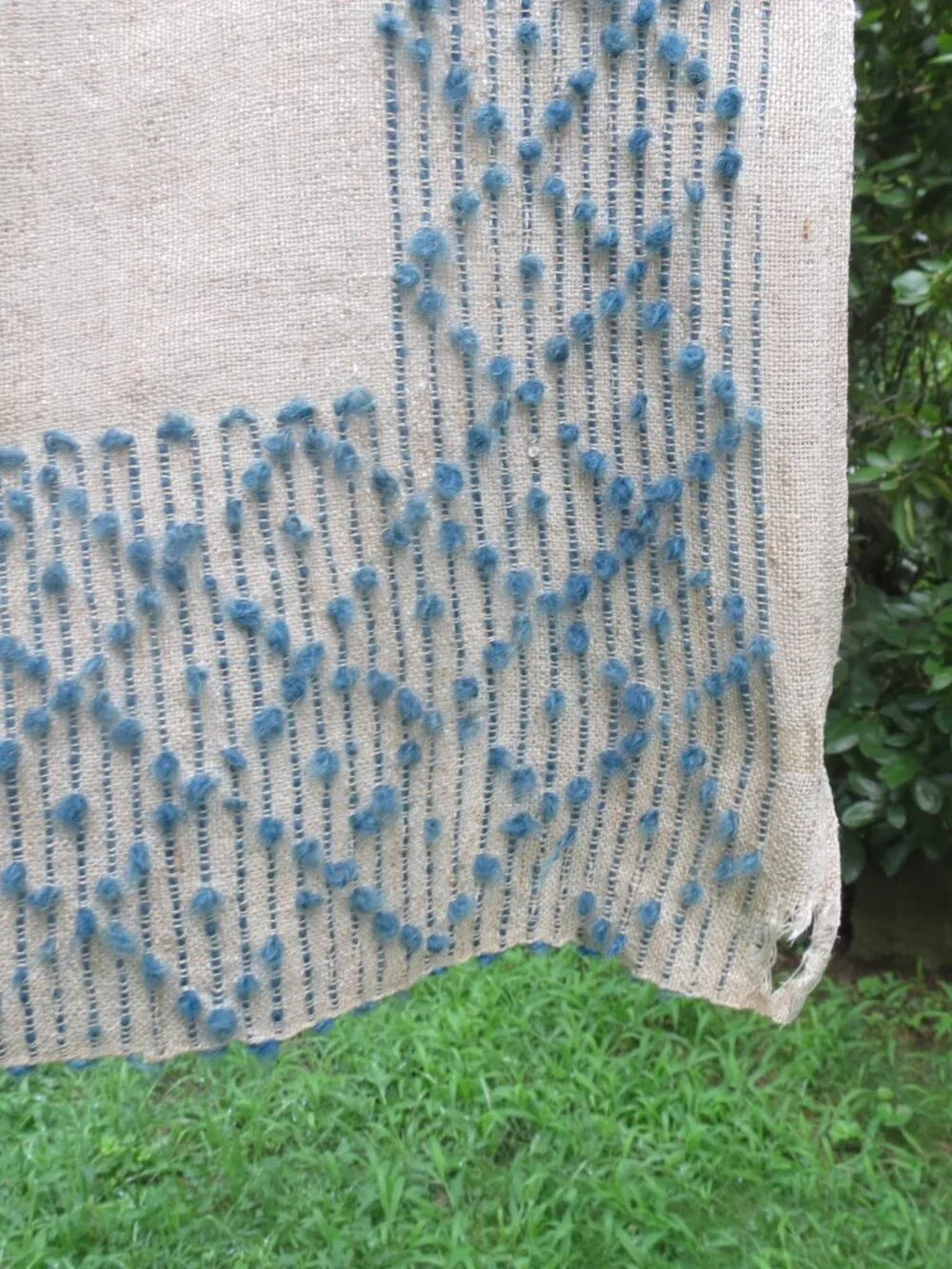 Vintage Textured Linen Cloth Ecru & Blue 38” X 36” unique front & back design